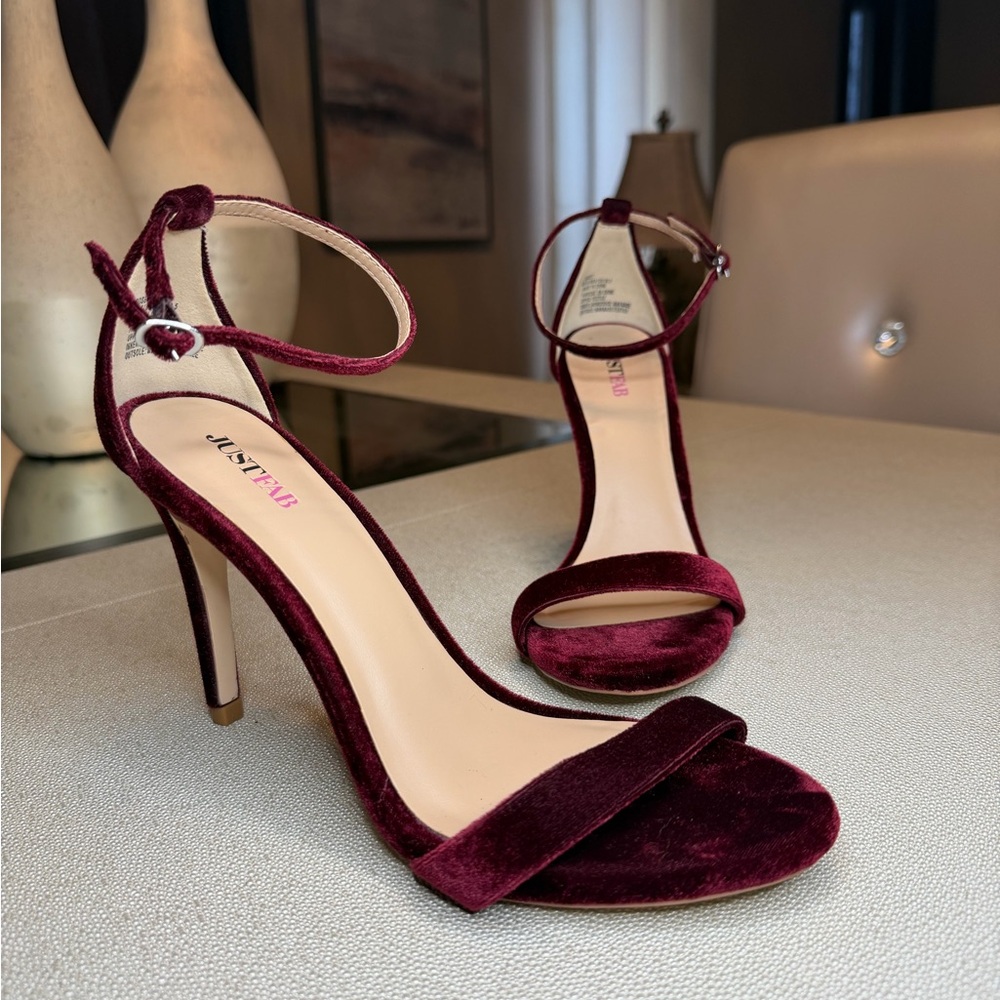 JustFab Burgundy Velvet Ankle Strap Heels